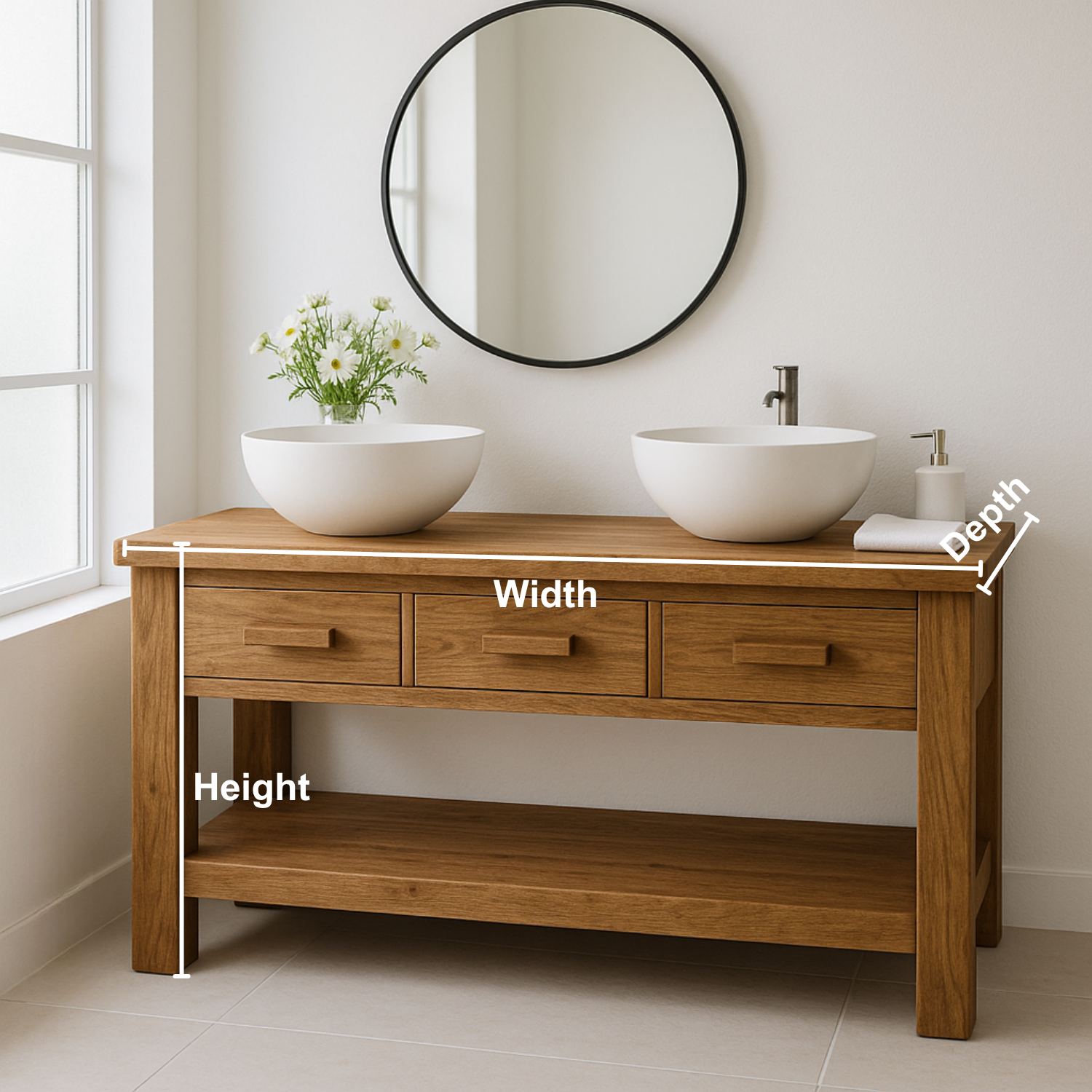Handcrafted Solid Wood Double Bathroom Vanity – Minimal Rustic Base with 3 Drawers and Open Shelf Lynnsnail