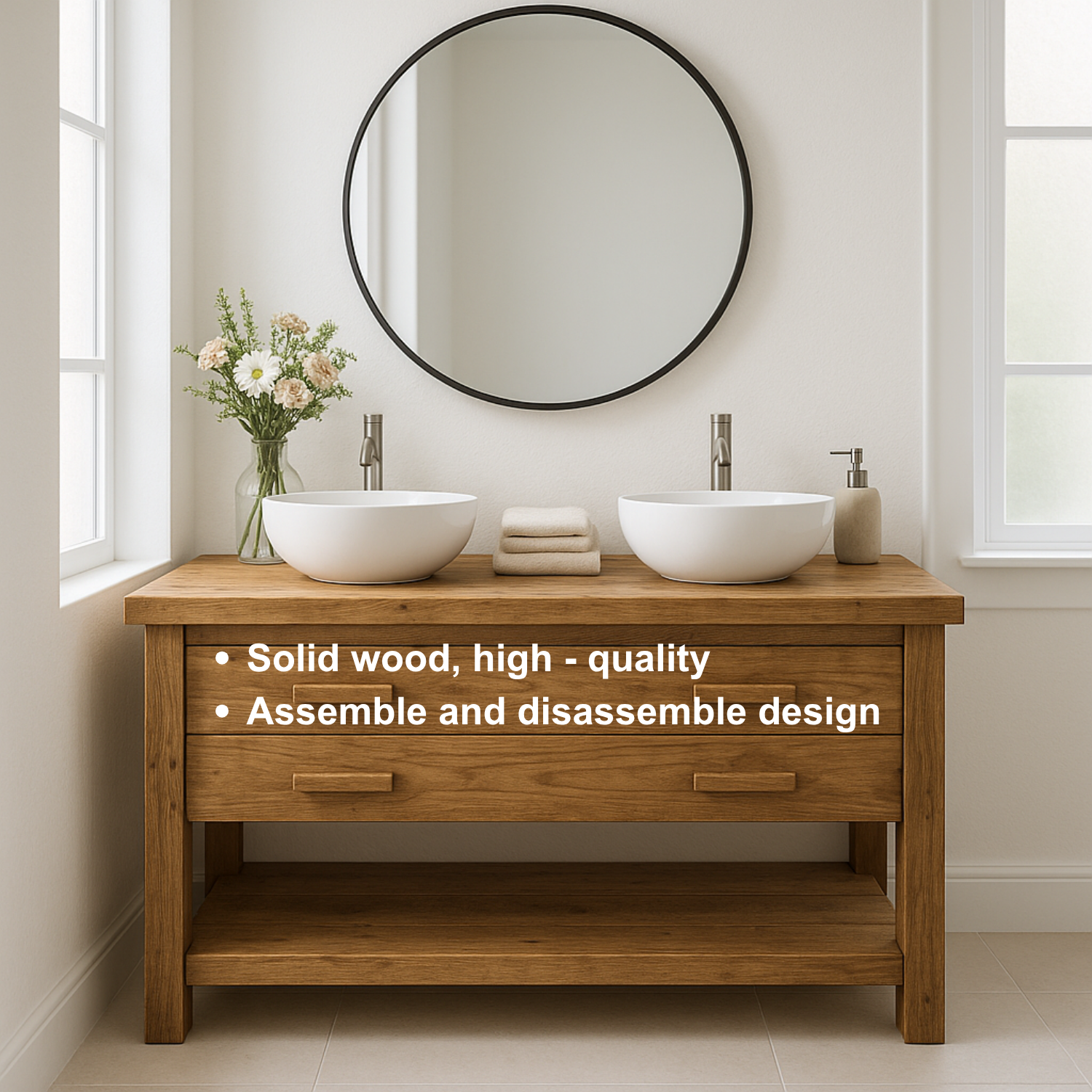 Handcrafted Solid Wood Double Bathroom Vanity – Scandinavian Rustic Base with 2 Drawers and Open Shelf Lynnsnail