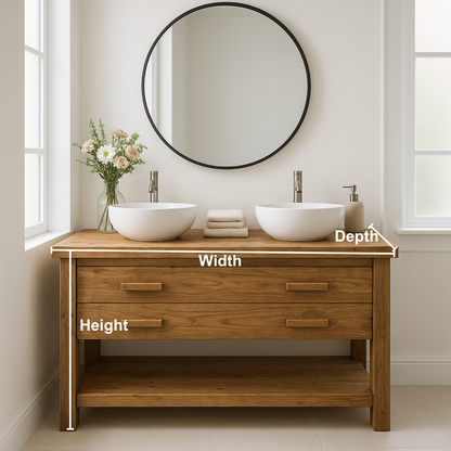 Handcrafted Solid Wood Double Bathroom Vanity – Scandinavian Rustic Base with 2 Drawers and Open Shelf Lynnsnail