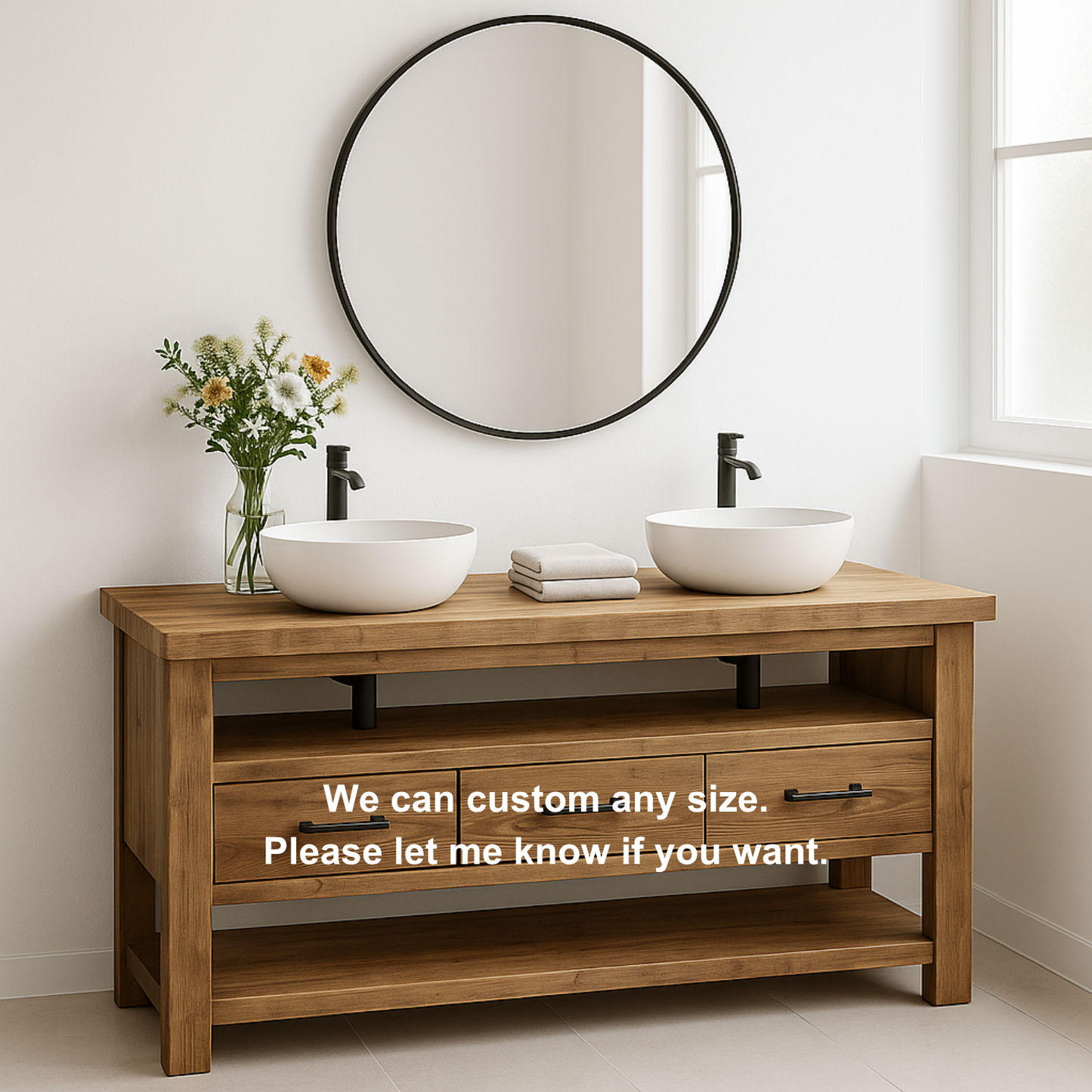 Handcrafted Solid Wood Double Sink Vanity – Modern Rustic Base with 3 Drawers and Open Shelf Lynnsnail