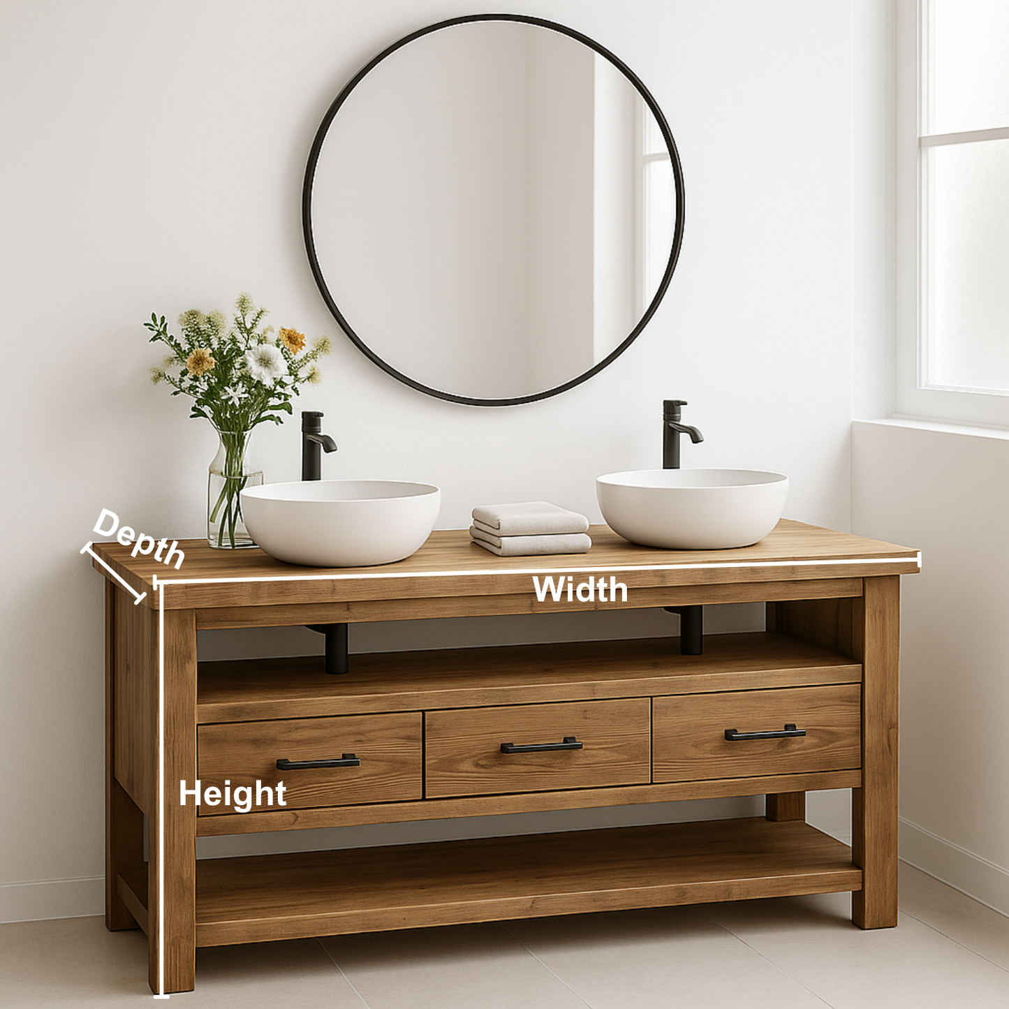Handcrafted Solid Wood Double Sink Vanity – Modern Rustic Base with 3 Drawers and Open Shelf Lynnsnail