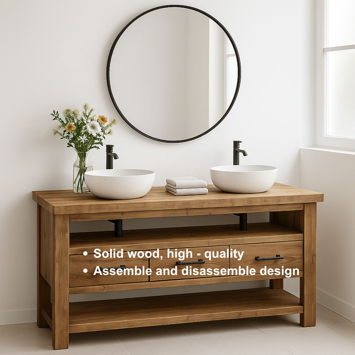 Handcrafted Solid Wood Double Sink Vanity – Modern Rustic Base with 3 Drawers and Open Shelf Lynnsnail
