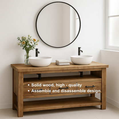 Handcrafted Solid Wood Double Sink Vanity – Modern Rustic Base with 3 Drawers and Open Shelf Lynnsnail