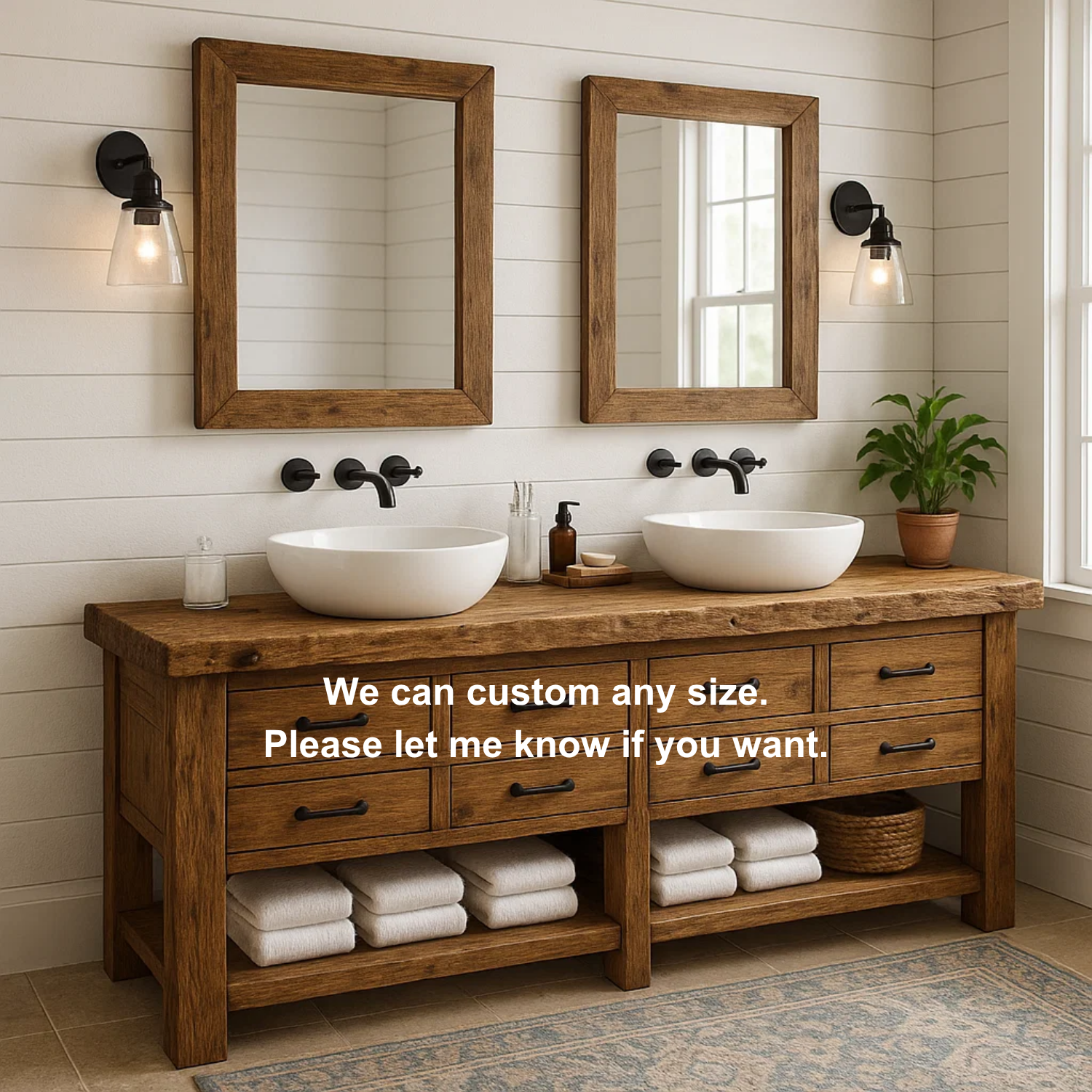 Handcrafted Solid Wood Double Sink Vanity – Rustic Farmhouse Base with 8 Drawers and Open Shelf Lynnsnail