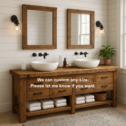Handcrafted Solid Wood Double Sink Vanity – Rustic Farmhouse Base with 8 Drawers and Open Shelf Lynnsnail