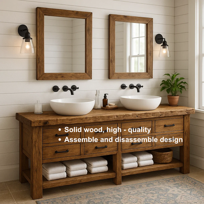 Handcrafted Solid Wood Double Sink Vanity – Rustic Farmhouse Base with 8 Drawers and Open Shelf Lynnsnail