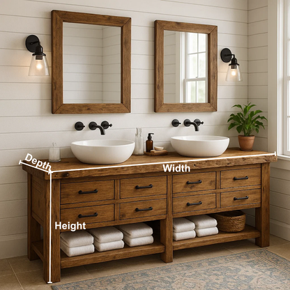 Handcrafted Solid Wood Double Sink Vanity – Rustic Farmhouse Base with 8 Drawers and Open Shelf Lynnsnail