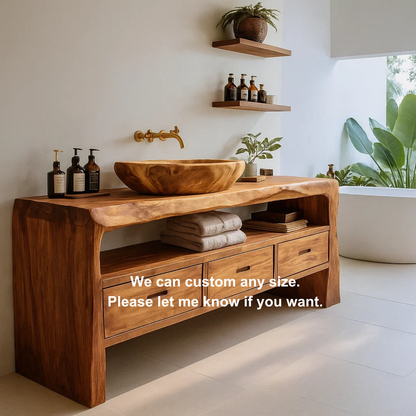 Handcrafted Solid Wood Live-Edge Bathroom Vanity – Organic Modern Base with 3 Drawers and Open Shelf Lynnsnail