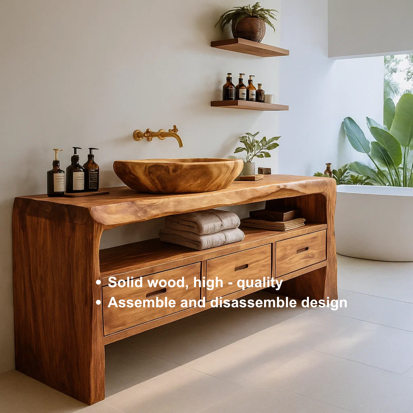 Handcrafted Solid Wood Live-Edge Bathroom Vanity – Organic Modern Base with 3 Drawers and Open Shelf Lynnsnail