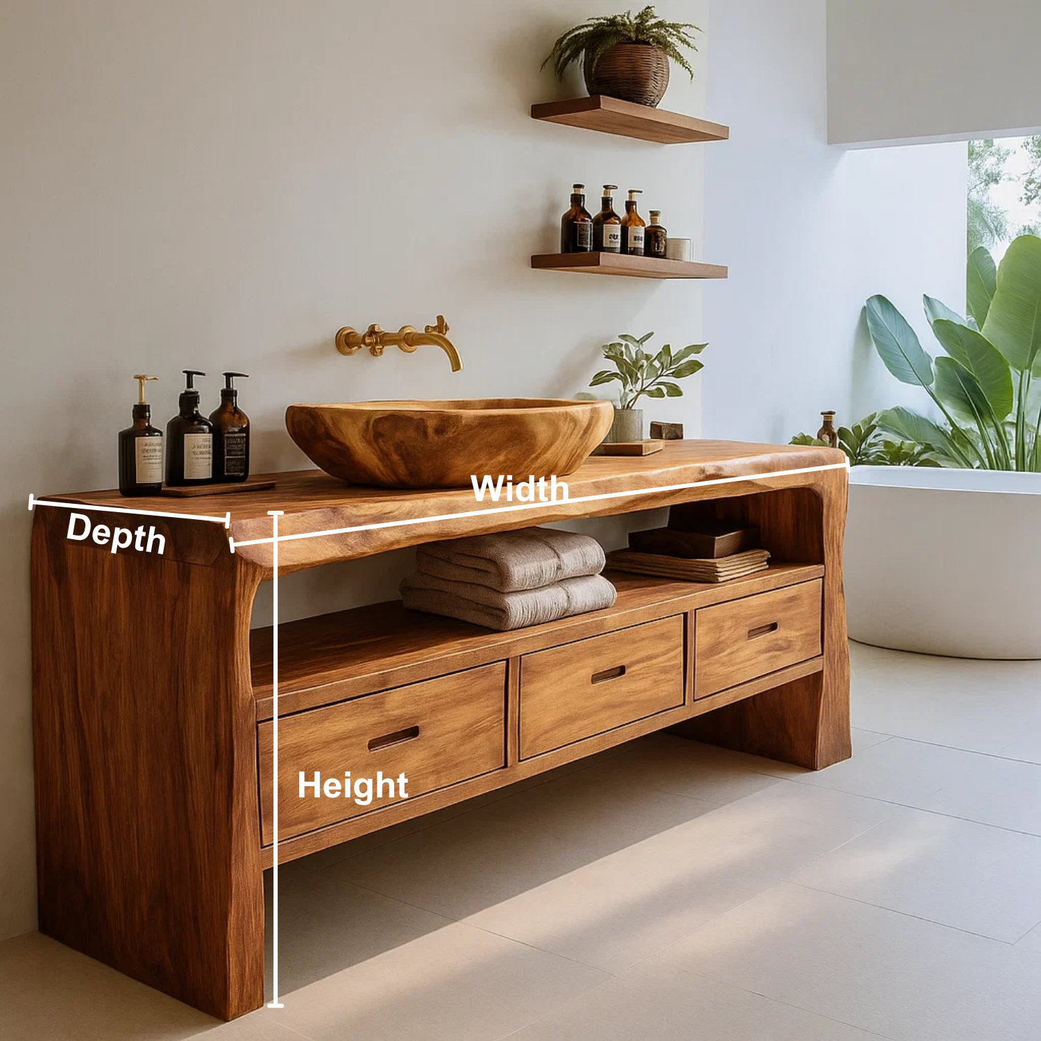 Handcrafted Solid Wood Live-Edge Bathroom Vanity – Organic Modern Base with 3 Drawers and Open Shelf Lynnsnail