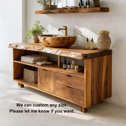 Handcrafted Solid Wood Live-Edge Vanity Base – Organic Modern Bathroom Console with Shelves and Drawers Lynnsnail