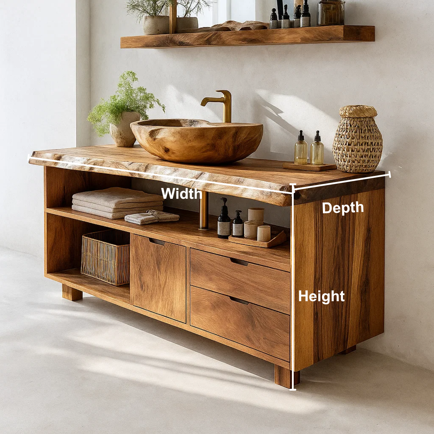 Handcrafted Solid Wood Live-Edge Vanity Base – Organic Modern Bathroom Console with Shelves and Drawers Lynnsnail