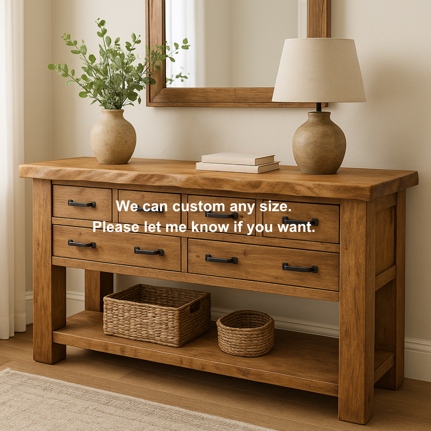 Handcrafted Solid Wood Console Table – Rustic Farmhouse Design with 6 Drawers & Open Shelf Lynnsnail