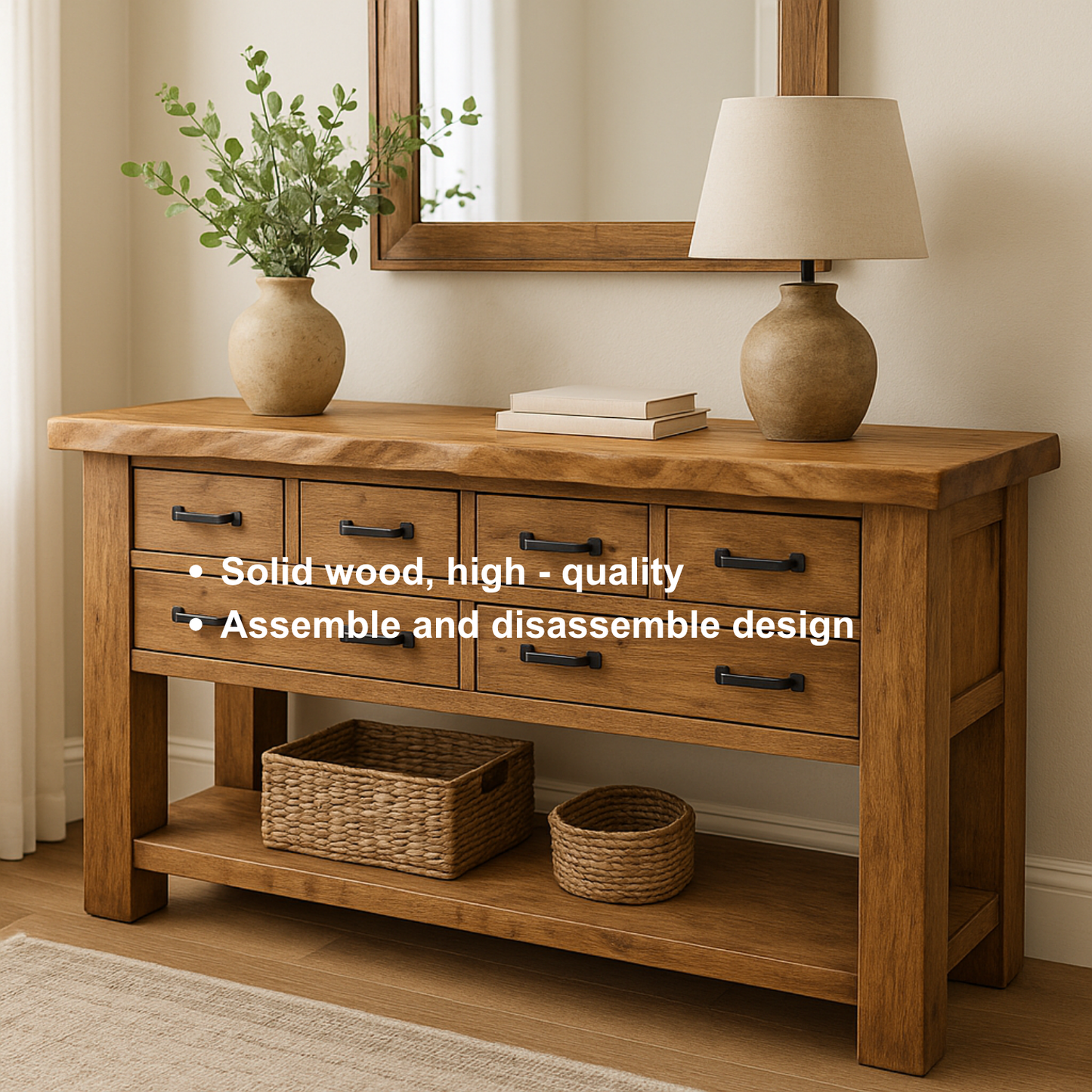 Handcrafted Solid Wood Console Table – Rustic Farmhouse Design with 6 Drawers & Open Shelf Lynnsnail