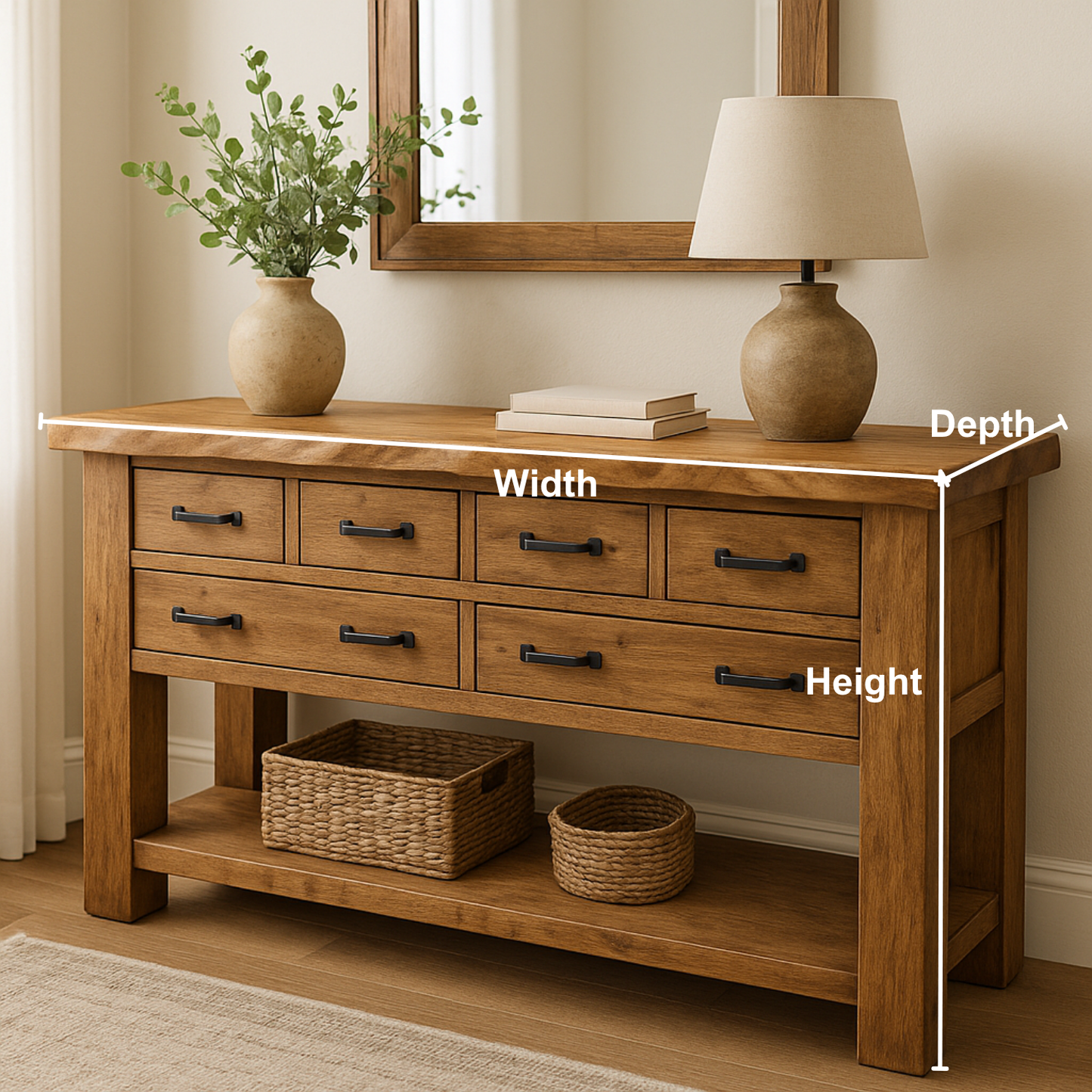 Handcrafted Solid Wood Console Table – Rustic Farmhouse Design with 6 Drawers & Open Shelf Lynnsnail