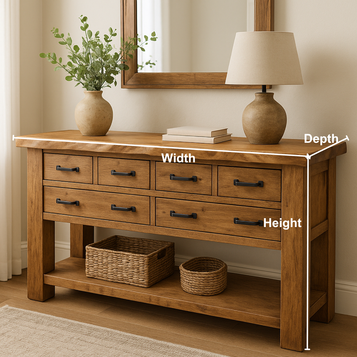 Handcrafted Solid Wood Console Table – Rustic Farmhouse Design with 6 Drawers & Open Shelf Lynnsnail