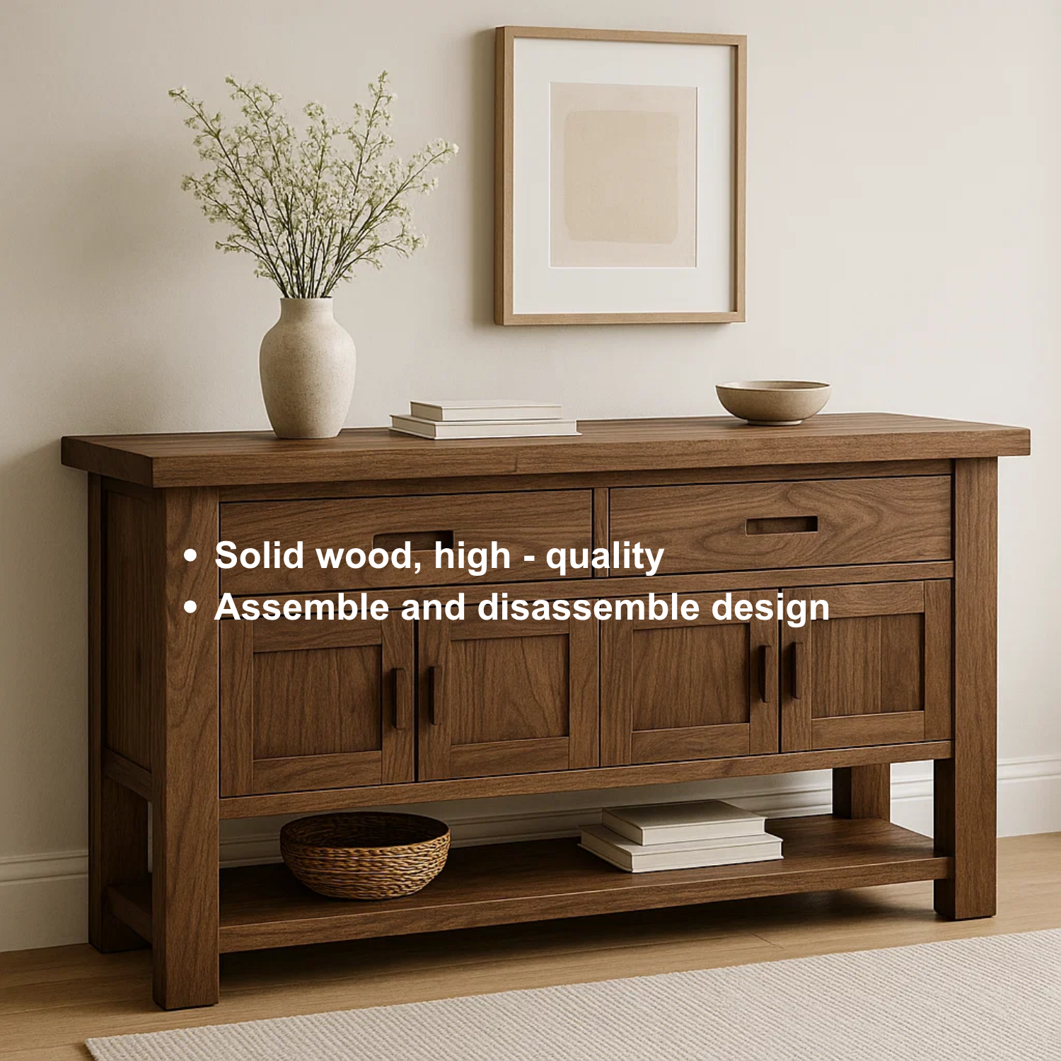 Handcrafted Solid Walnut Console Table – Modern Rustic Design with Storage Cabinets & Drawers Lynnsnail