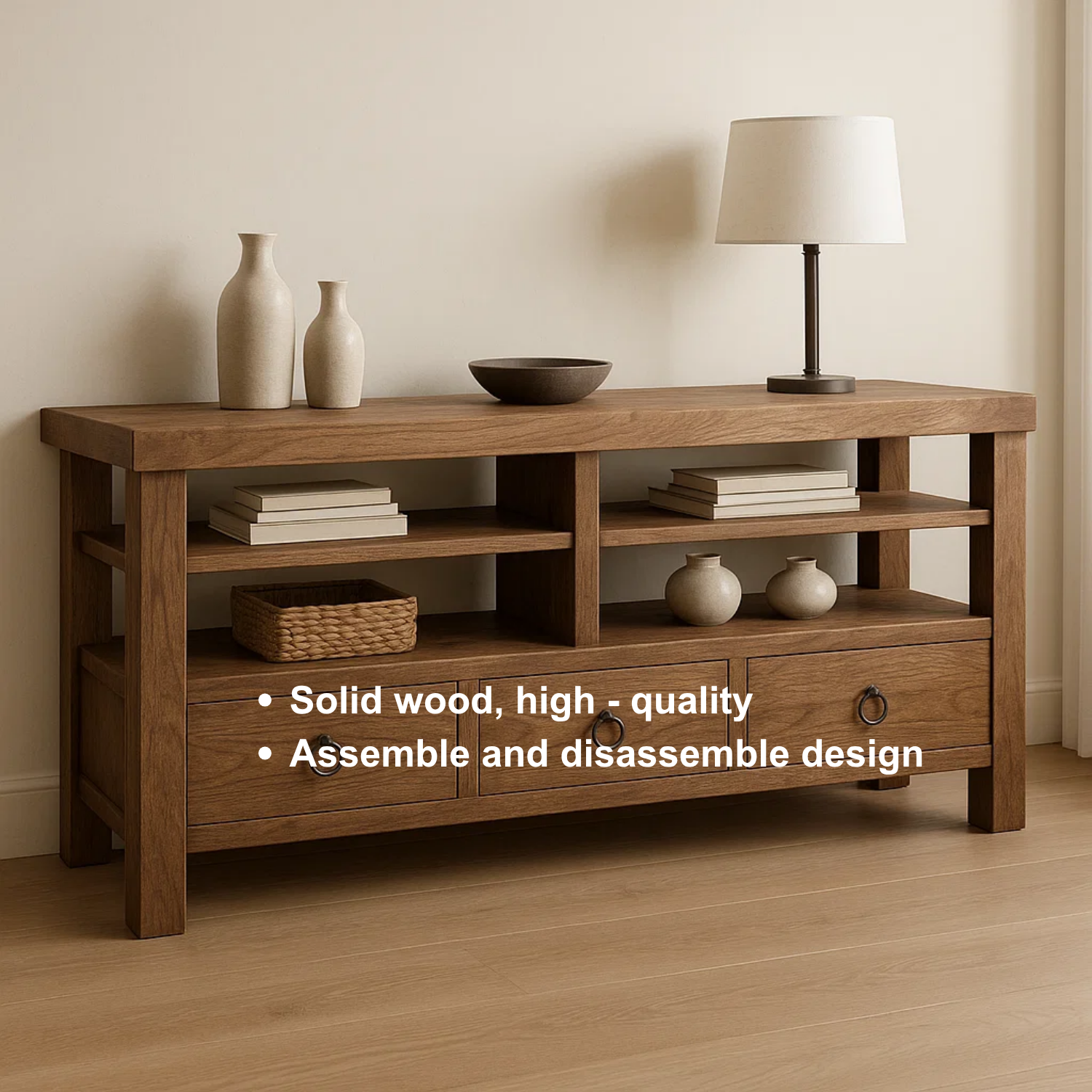 Handcrafted Solid Wood Console Table – Rustic Open Shelf Design with Drawers and Natural Finish Lynnsnail