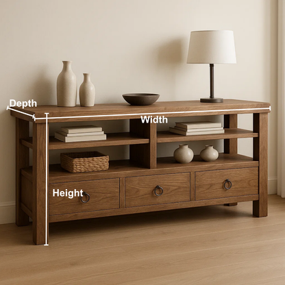 Handcrafted Solid Wood Console Table – Rustic Open Shelf Design with Drawers and Natural Finish Lynnsnail