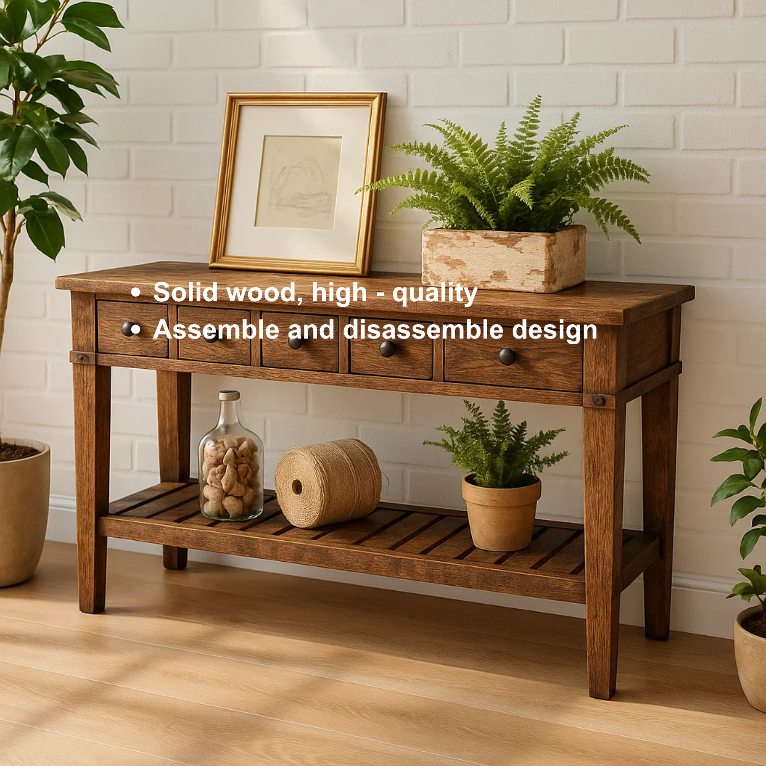 Handcrafted Solid Wood Console Table – Rustic Farmhouse Entryway Table with Drawers and Shelf Lynnsnail