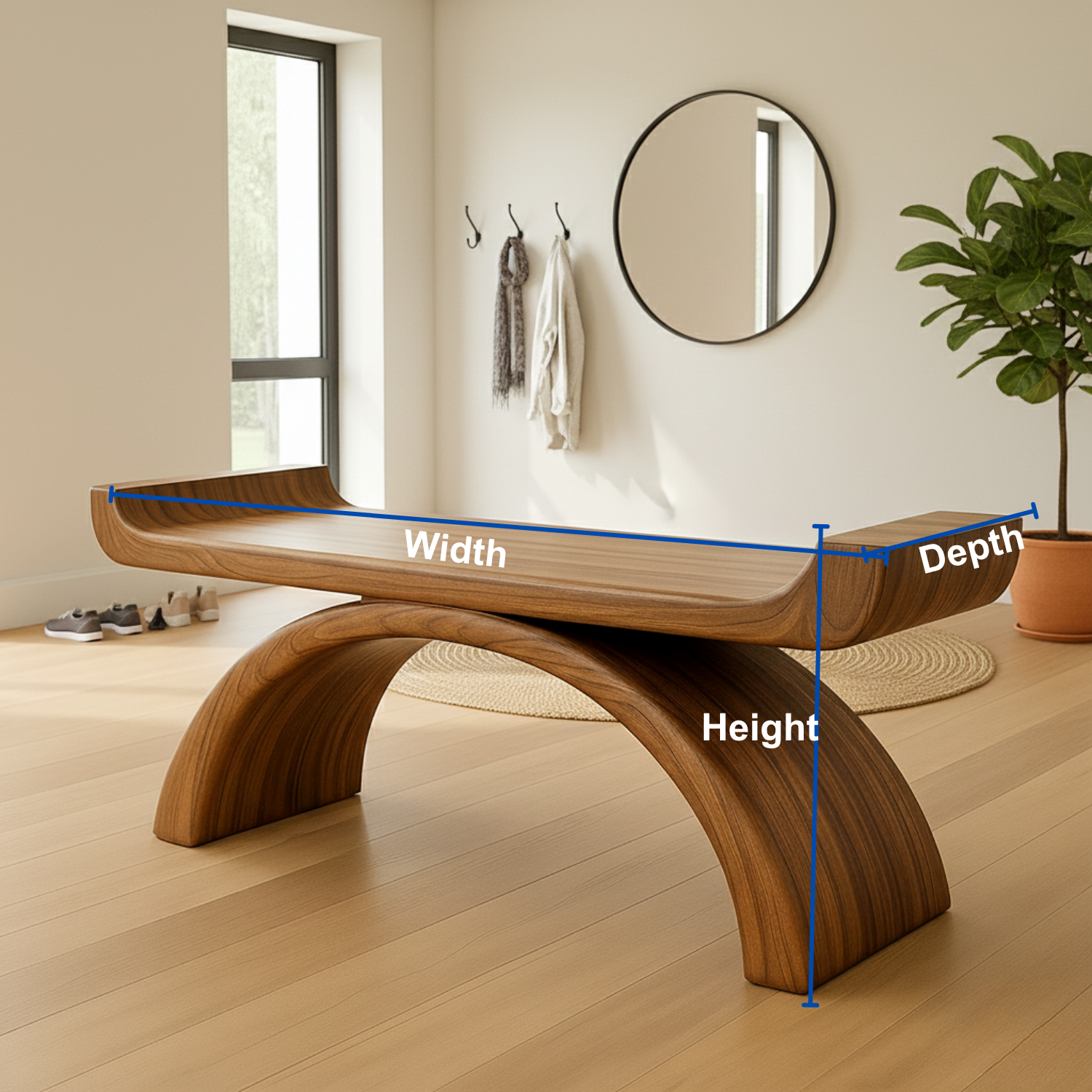 Handcrafted Sculptural Solid Wood Bench – Curved Arch Design for Modern Entryway or Living Space Lynnsnail