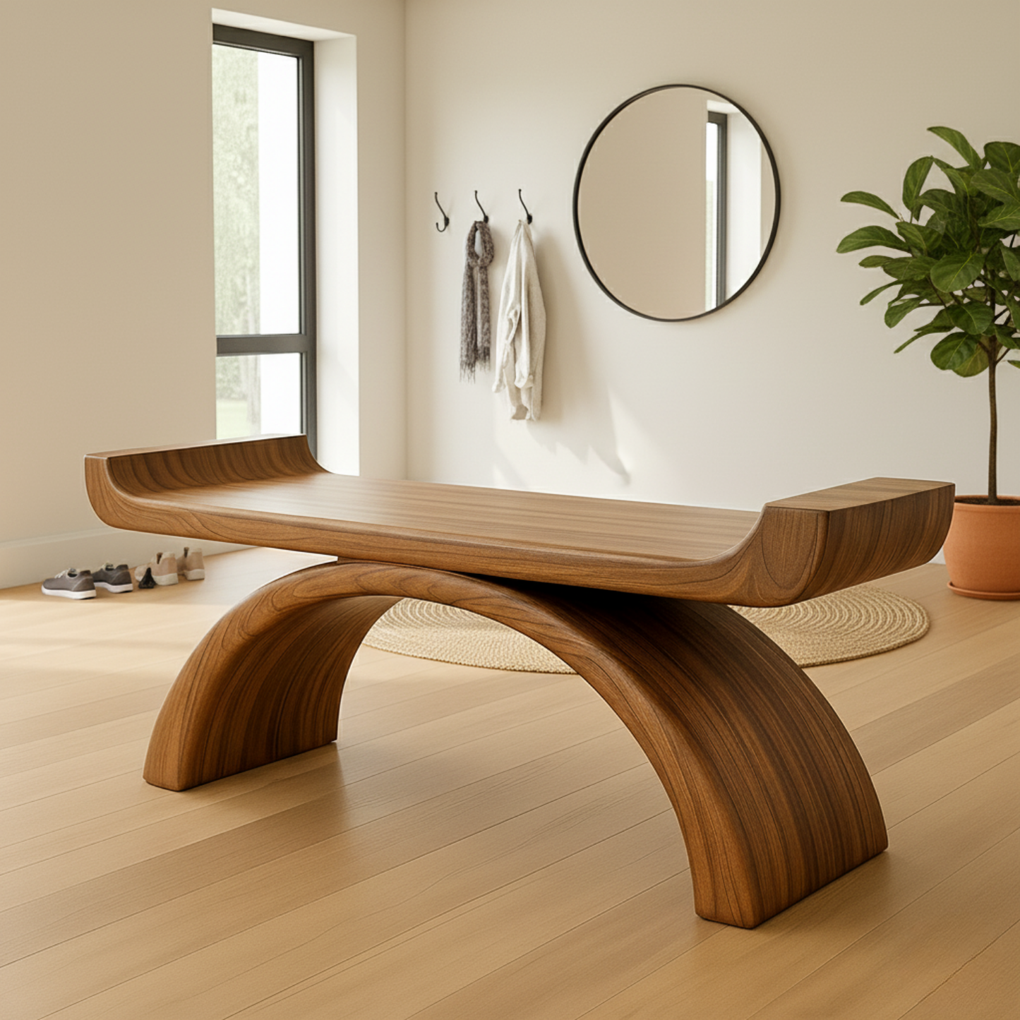 Handcrafted Sculptural Solid Wood Bench – Curved Arch Design for Modern Entryway or Living Space Lynnsnail