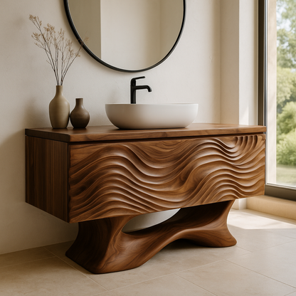 Handcrafted Solid Wood Bathroom Vanity – Sculptural Wave Front Floating Design for Modern Interiors Lynnsnail