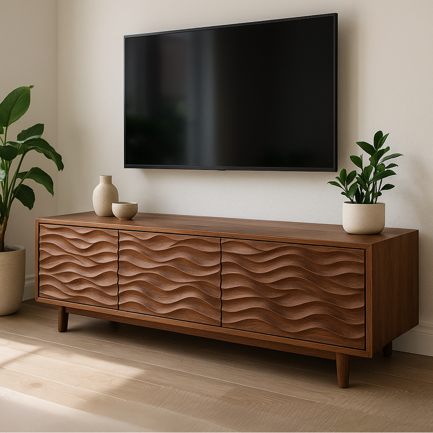 Handcrafted Solid Wood Wavefront TV Stand – Modern Sculptural Media Console Lynnsnail