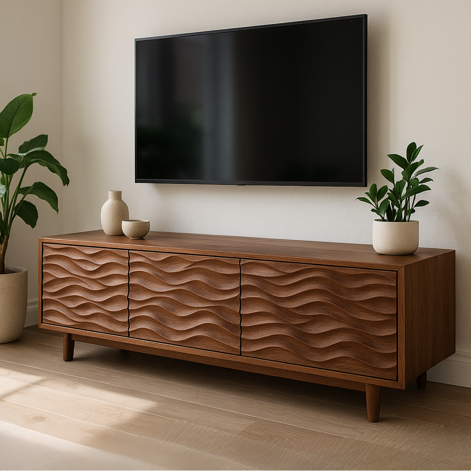 Handcrafted Solid Wood Wavefront TV Stand – Modern Sculptural Media Console Lynnsnail