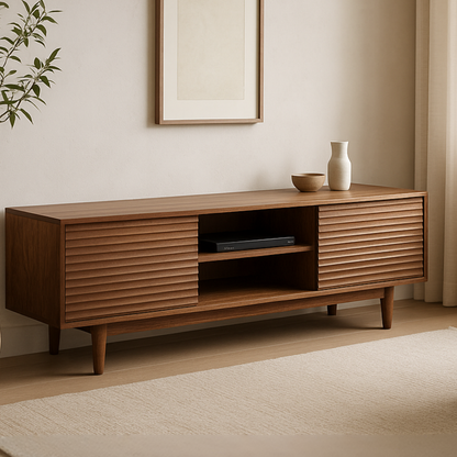 Handcrafted Solid Wood TV Stand – Modern Ribbed Door Media Console for Living Room Lynnsnail