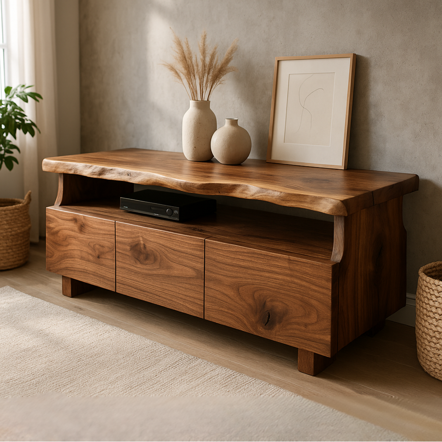 Handcrafted Solid Wood Live Edge TV Stand – Organic Modern Media Console Lynnsnail
