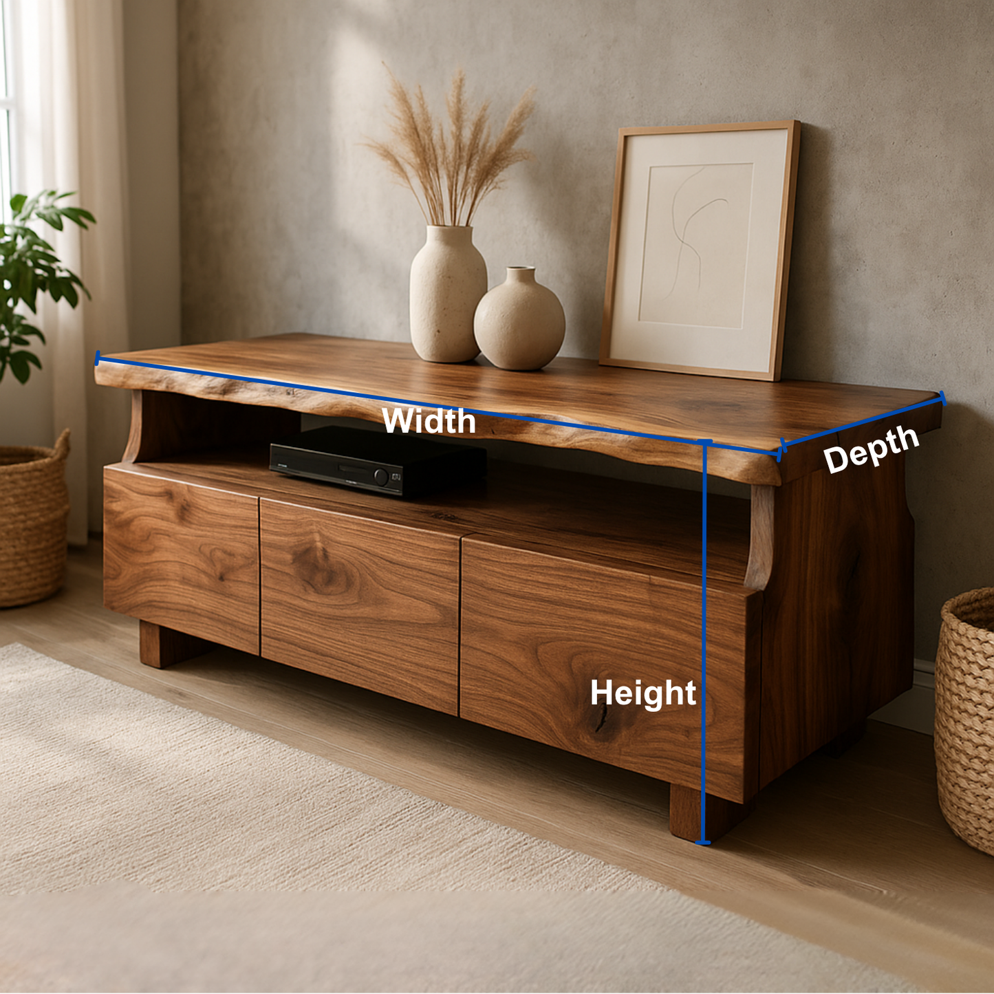 Handcrafted Solid Wood Live Edge TV Stand – Organic Modern Media Console Lynnsnail