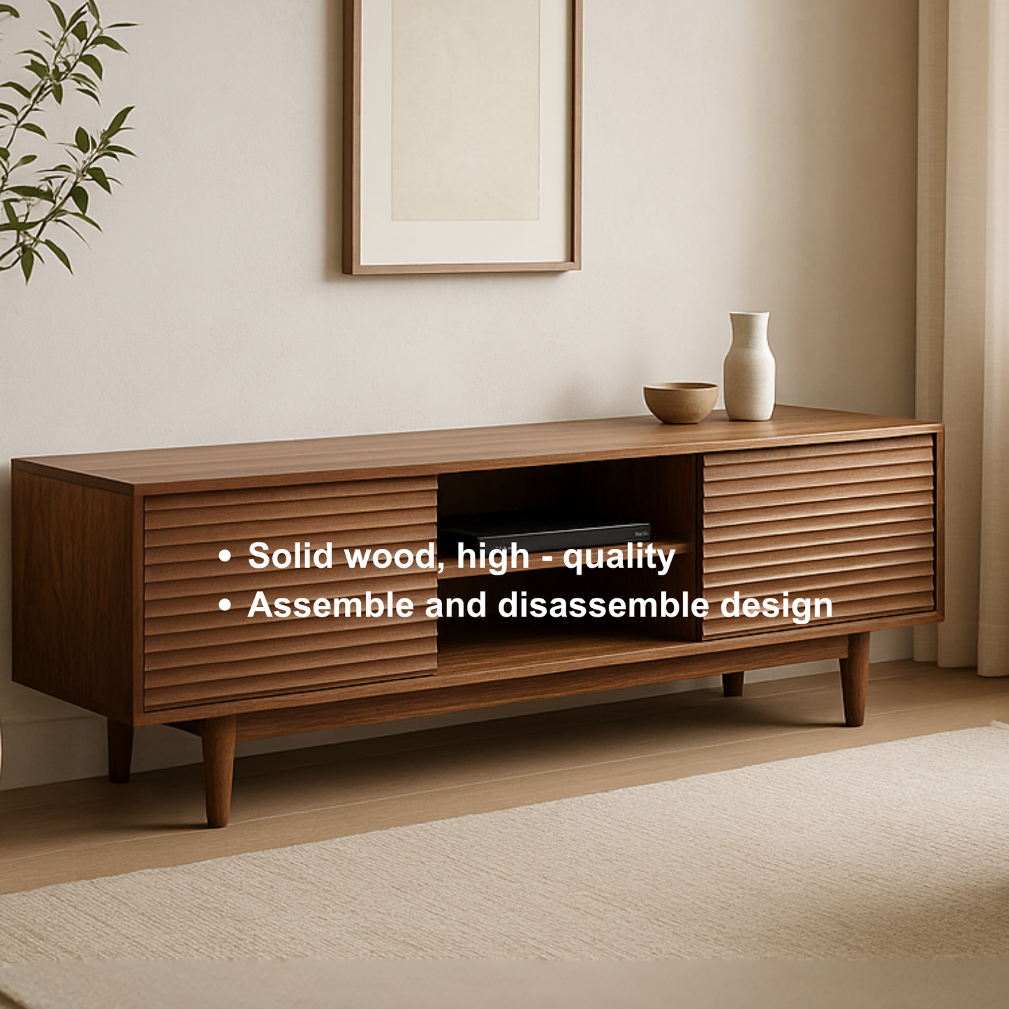 Handcrafted Solid Wood TV Stand – Modern Ribbed Door Media Console for Living Room Lynnsnail