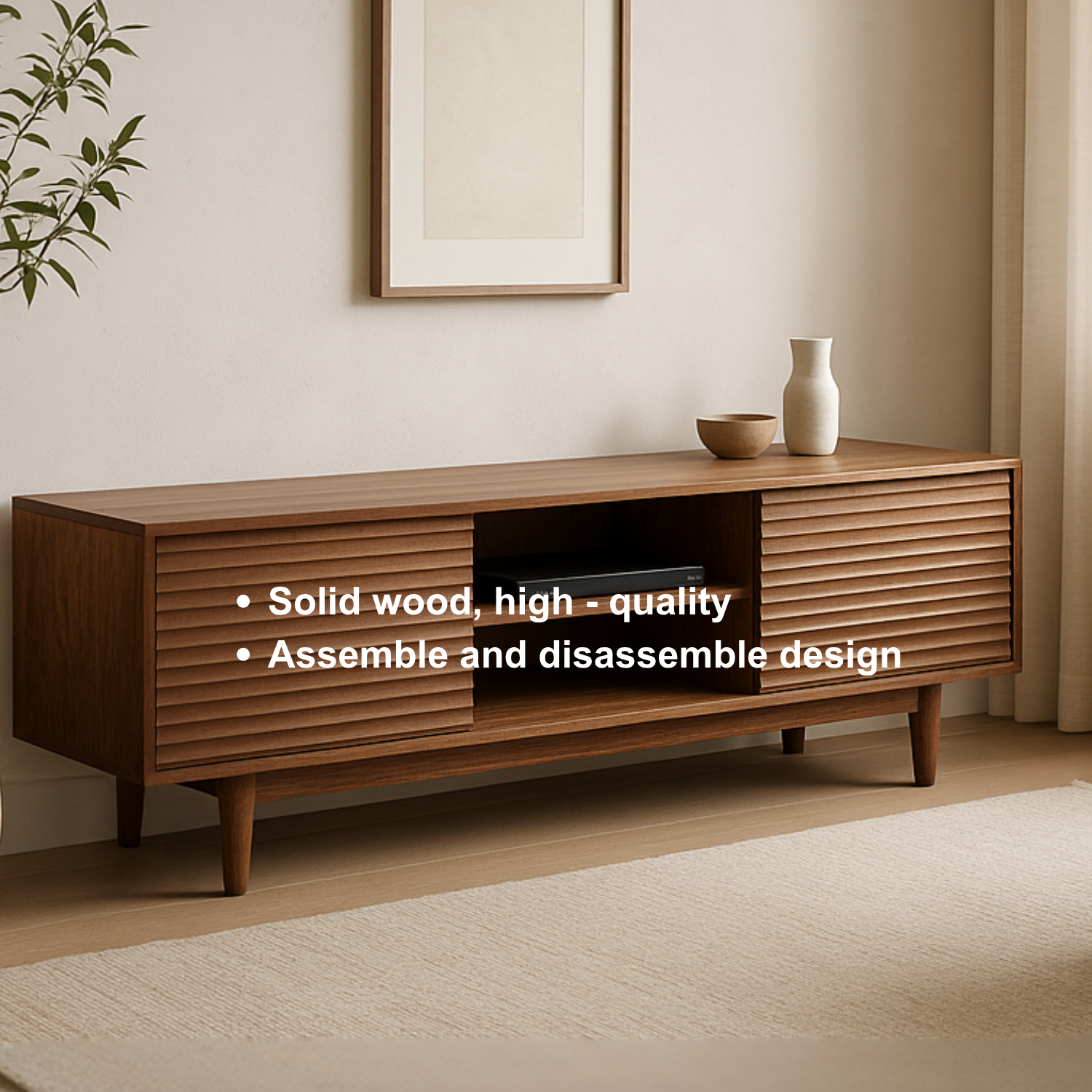 Handcrafted Solid Wood TV Stand – Modern Ribbed Door Media Console for Living Room Lynnsnail