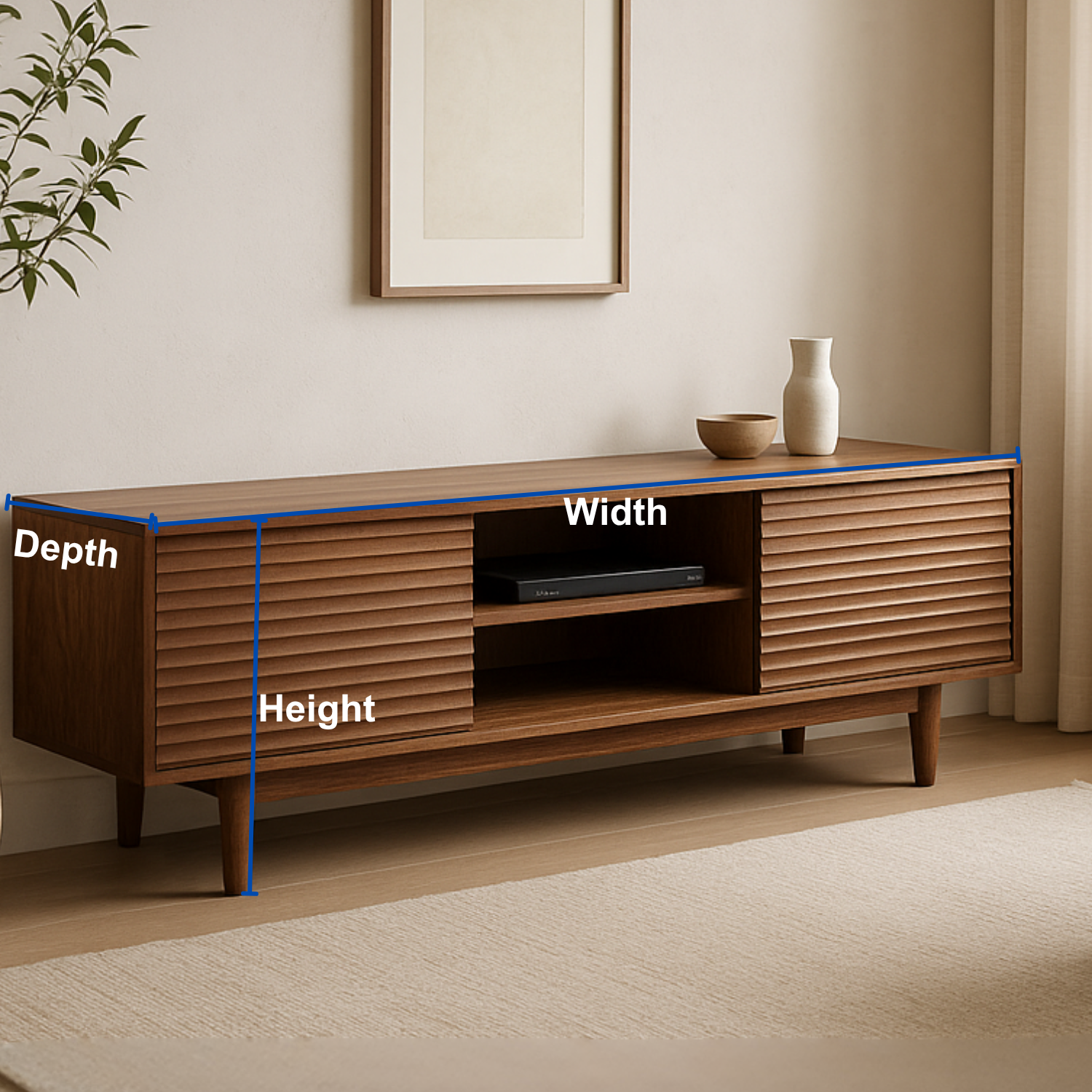 Handcrafted Solid Wood TV Stand – Modern Ribbed Door Media Console for Living Room Lynnsnail