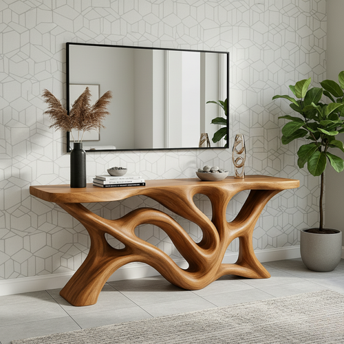 Handcrafted Solid Wood Console Table – Organic Sculptural Branch River Design