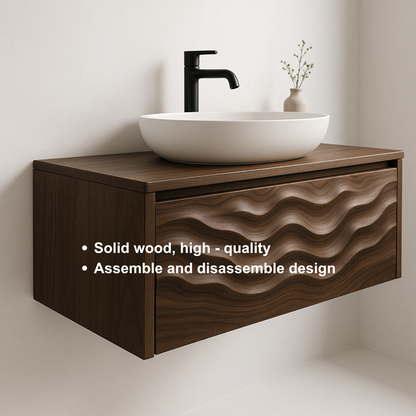 Handcrafted Solid Wood Floating Vanity – Sculptural Soft Wave Front Design