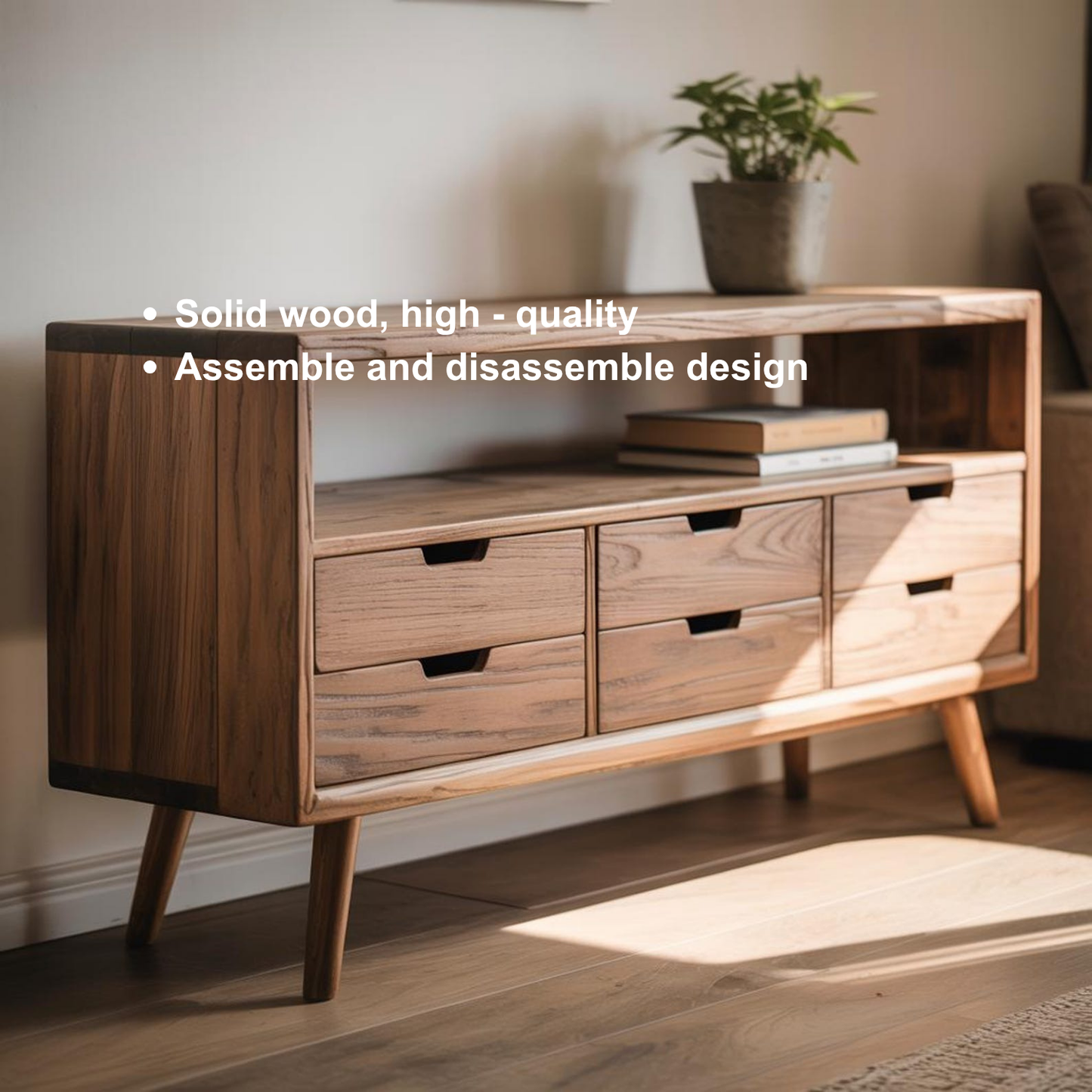 Handcrafted Solid Wood Sideboard – Mid-Century Console Table with Drawers and Open Shelf Lynnsnail