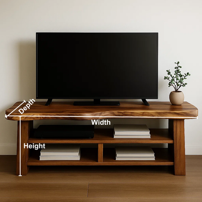 Handcrafted Solid Wood TV Stand with Organic Live Edge – Rustic Modern Open Shelf Media Console