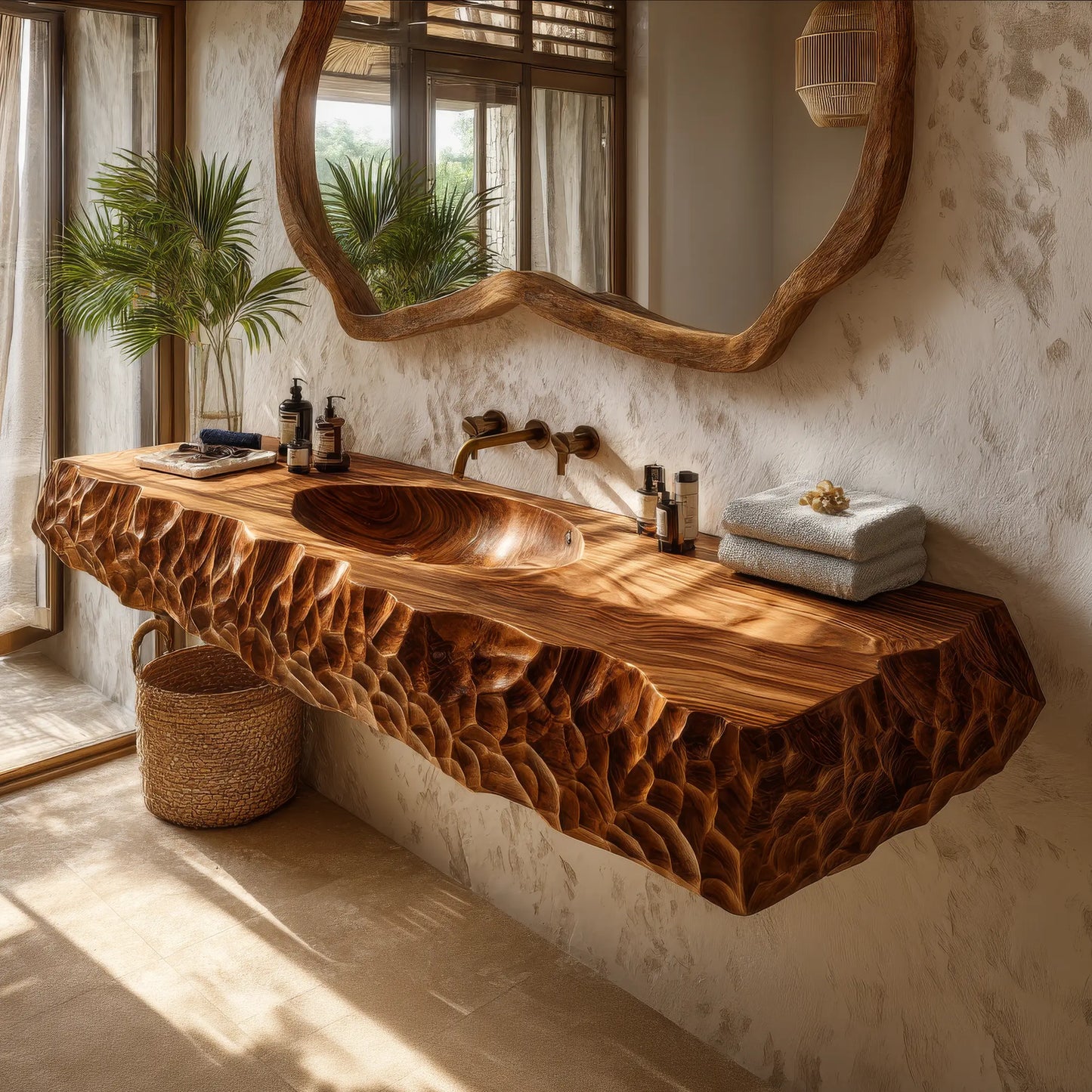 Dravento Handcrafted Sculpted Solid Wood Floating Bathroom Vanity with Integrated Sink SPA245346 Lynnsnail