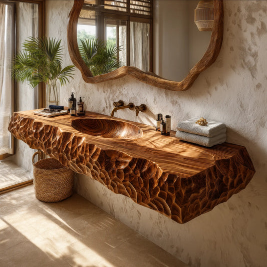Dravento Handcrafted Sculpted Solid Wood Floating Bathroom Vanity with Integrated Sink SPA245346 Lynnsnail