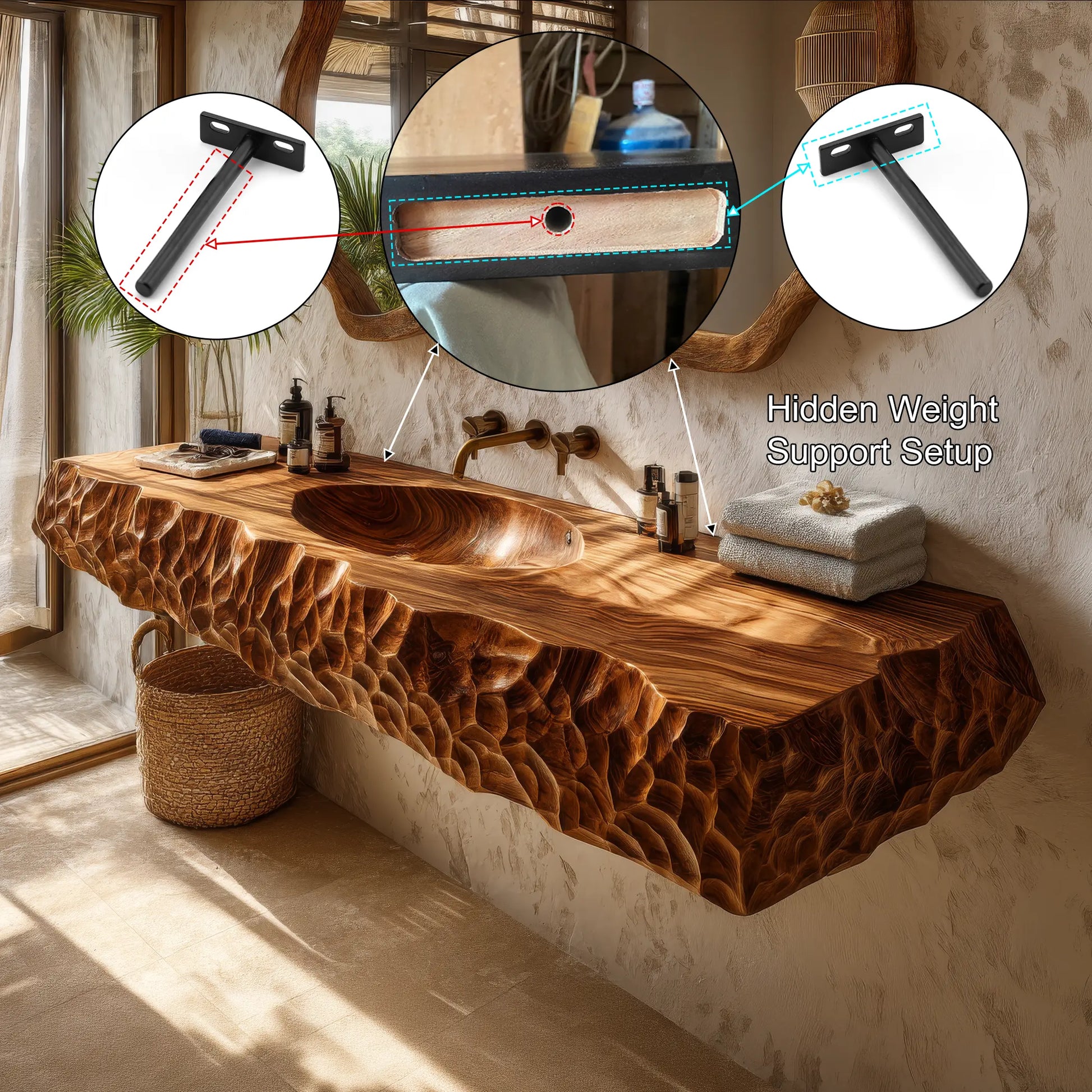 Dravento Handcrafted Sculpted Solid Wood Floating Bathroom Vanity with Integrated Sink SPA245346 Lynnsnail