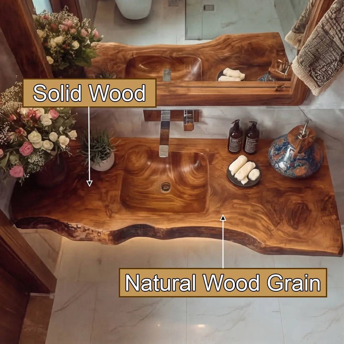 Kavero Handcrafted Live Edge Solid Wood Floating Bathroom Vanity with Integrated Sink SPA183672 Lynnsnail