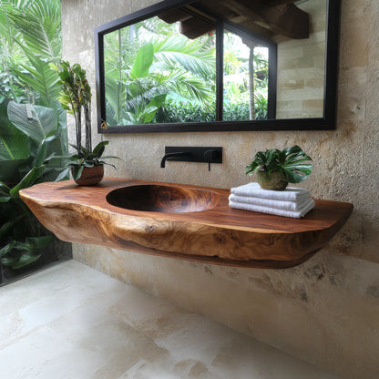 Lorvane Sculpted Live Edge Solid Wood Floating Bathroom Vanity with Integrated Sink Lynnsnail