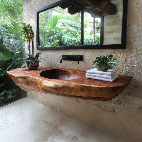 Lorvane Sculpted Live Edge Solid Wood Floating Bathroom Vanity with Integrated Sink Lynnsnail