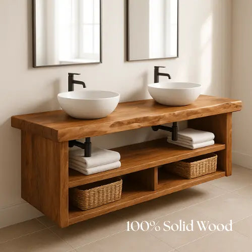 Floating Double Sink Bathroom Vanity – Solid Wood Live Edge Countertop with Open Shelves – Rustic Modern Wall-Mounted Vanity Design Lynnsnail