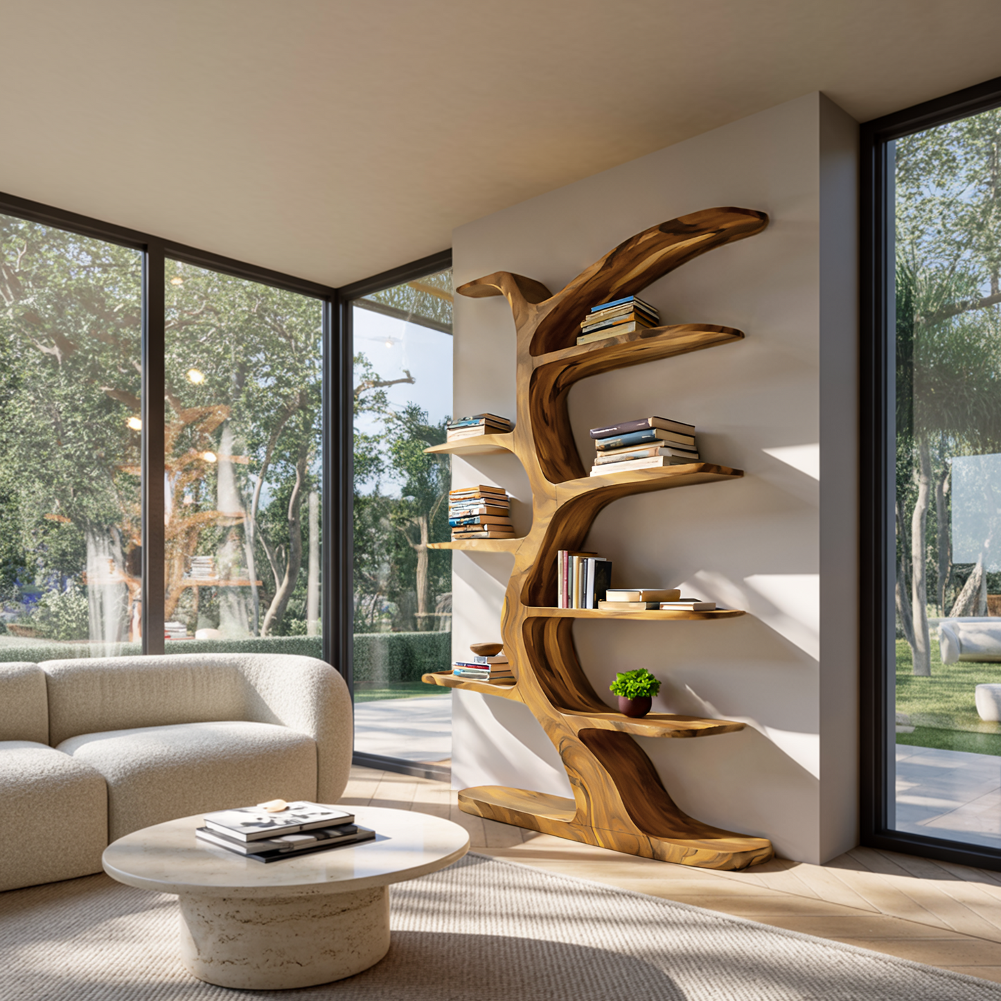 Modern Bookshelf Tree Inspired Curved Design For Living Room Lynnsnail