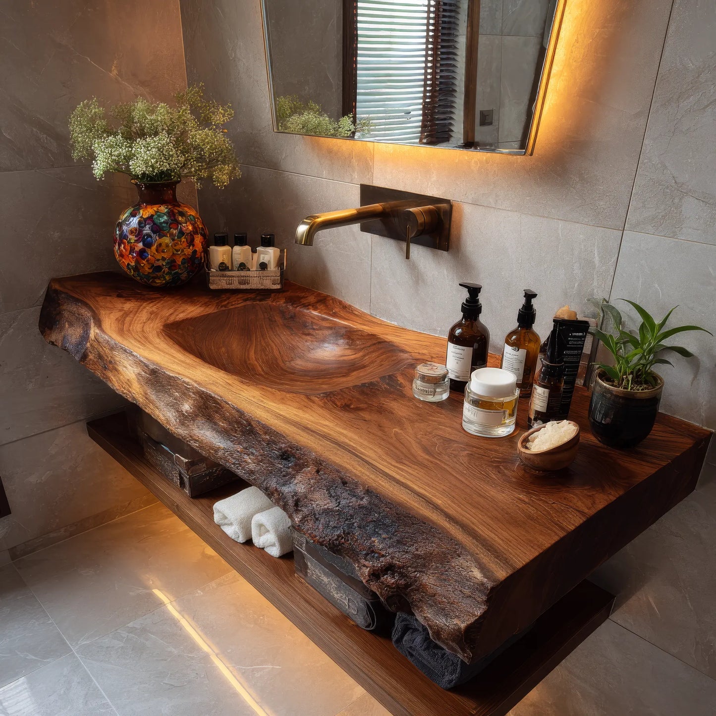 Orvello Handcrafted Live Edge Solid Wood Floating Bathroom Vanity with Integrated Sink SPA361872 Lynnsnail