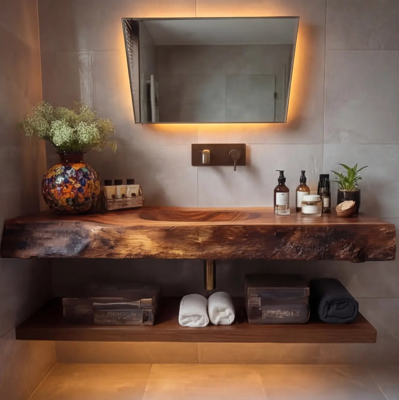 Orvello Handcrafted Live Edge Solid Wood Floating Bathroom Vanity with Integrated Sink SPA361872 Lynnsnail