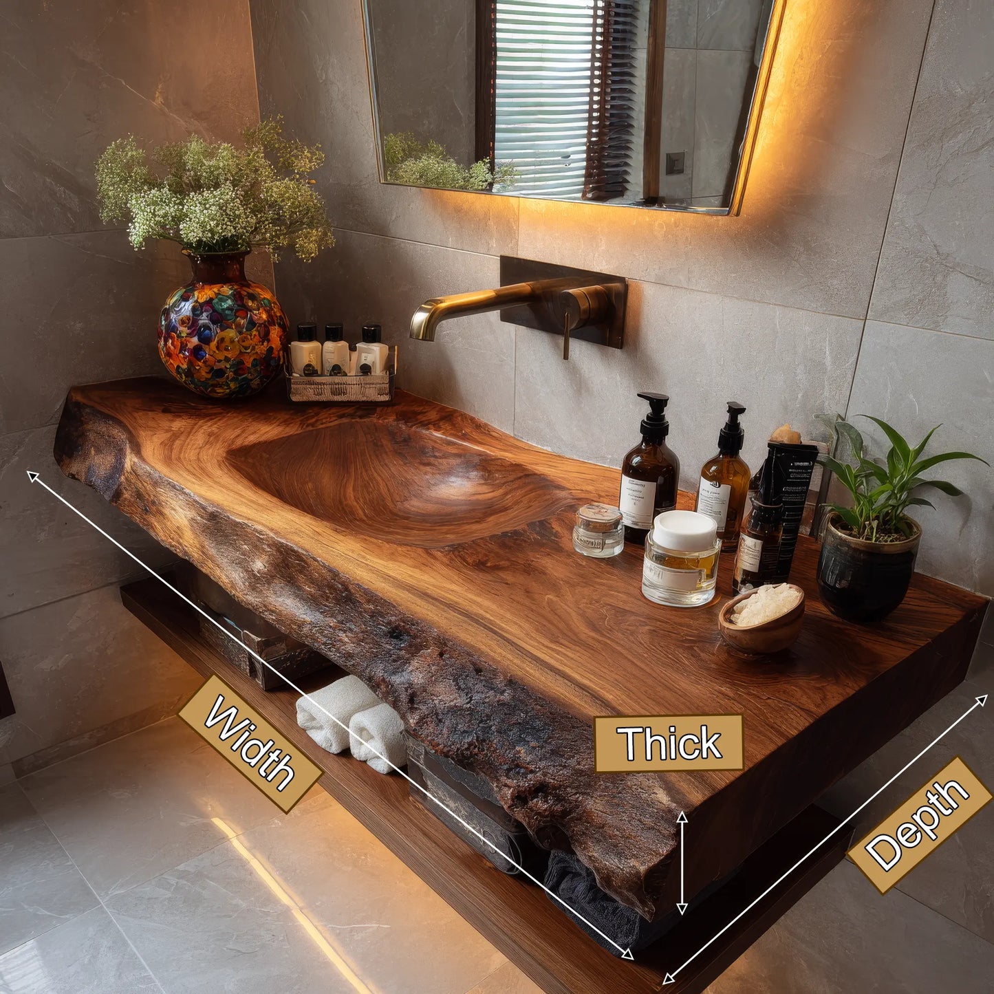 Orvello Handcrafted Live Edge Solid Wood Floating Bathroom Vanity with Integrated Sink SPA361872 Lynnsnail